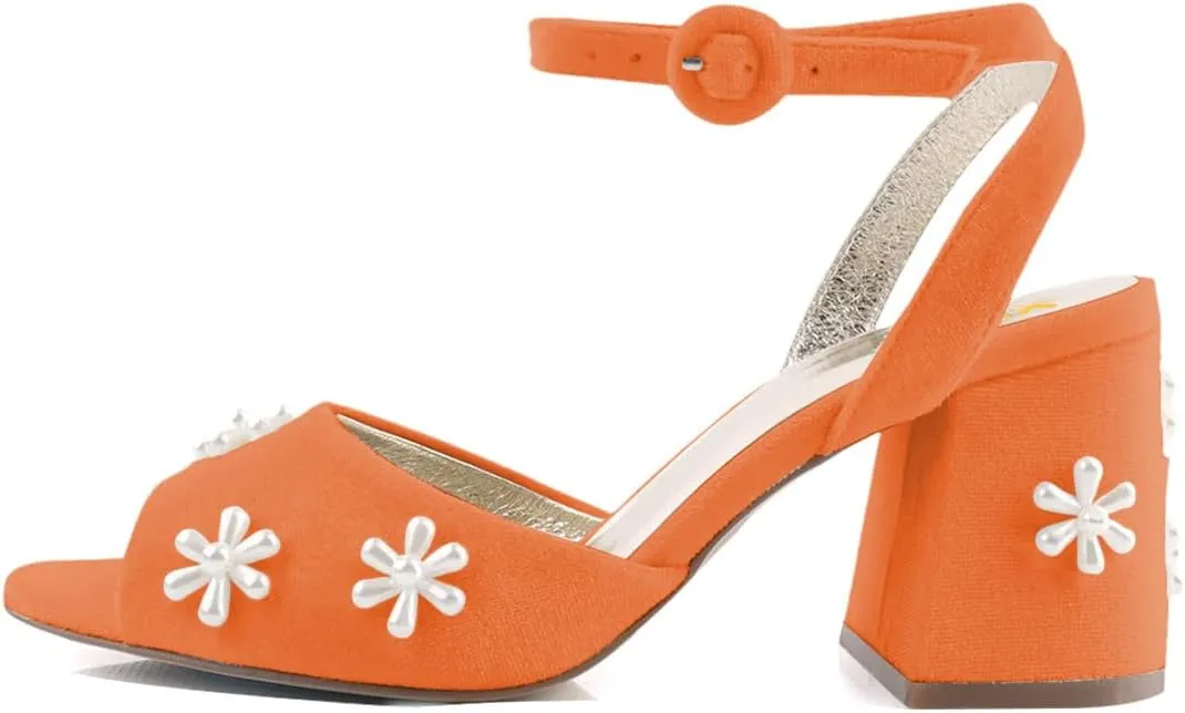 XYD Women Peep Toe Velvet Sandals Bloom Pearl Flower Ankle Strap Chunky Block Heel Wedding Bridal Shoes