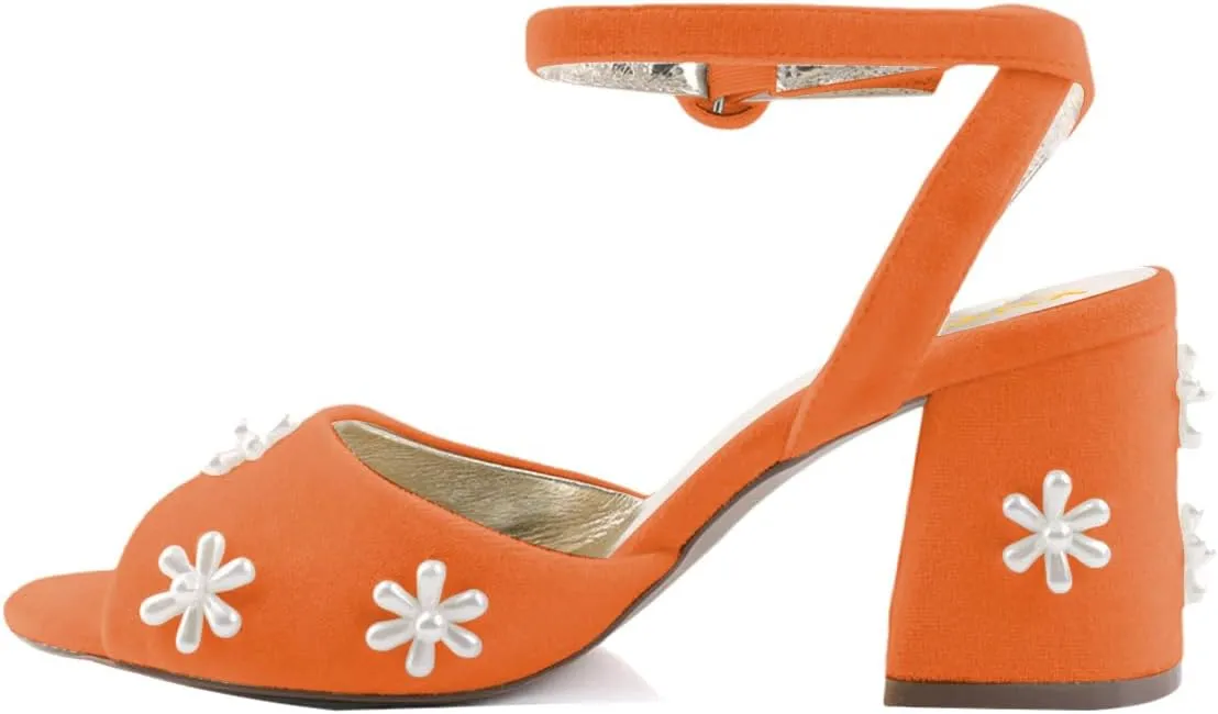 XYD Women Peep Toe Velvet Sandals Bloom Pearl Flower Ankle Strap Chunky Block Heel Wedding Bridal Shoes