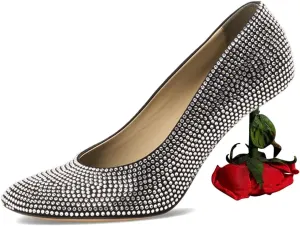 XYD Women's Romantic Rose Heel (100mm) Square Round Toe Slip On Pumps Bridal Formal Event Evening Dress Shoes